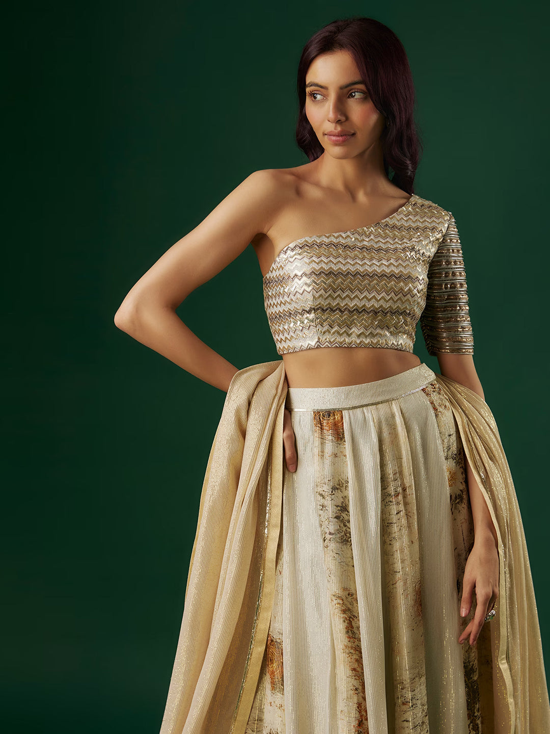 Off-White Shimmer Georgette Handpainted Lehenga Set