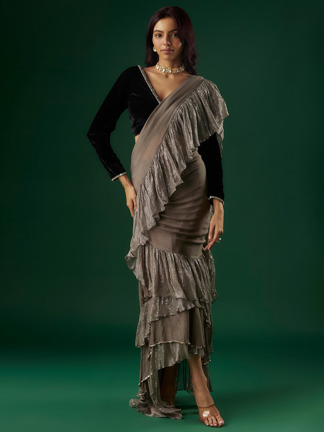 Grey Chinon & Shimmer Georgette Ruffled Saree Set