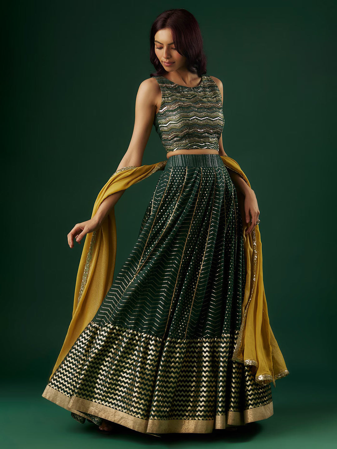 Deep Green Brocade Chanderi Dabka Embroidered Lehenga Set