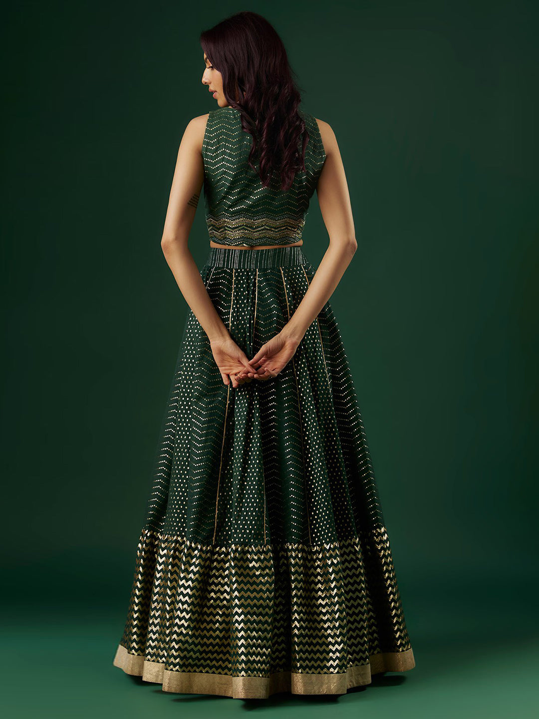 Deep Green Brocade Chanderi Dabka Embroidered Lehenga Set