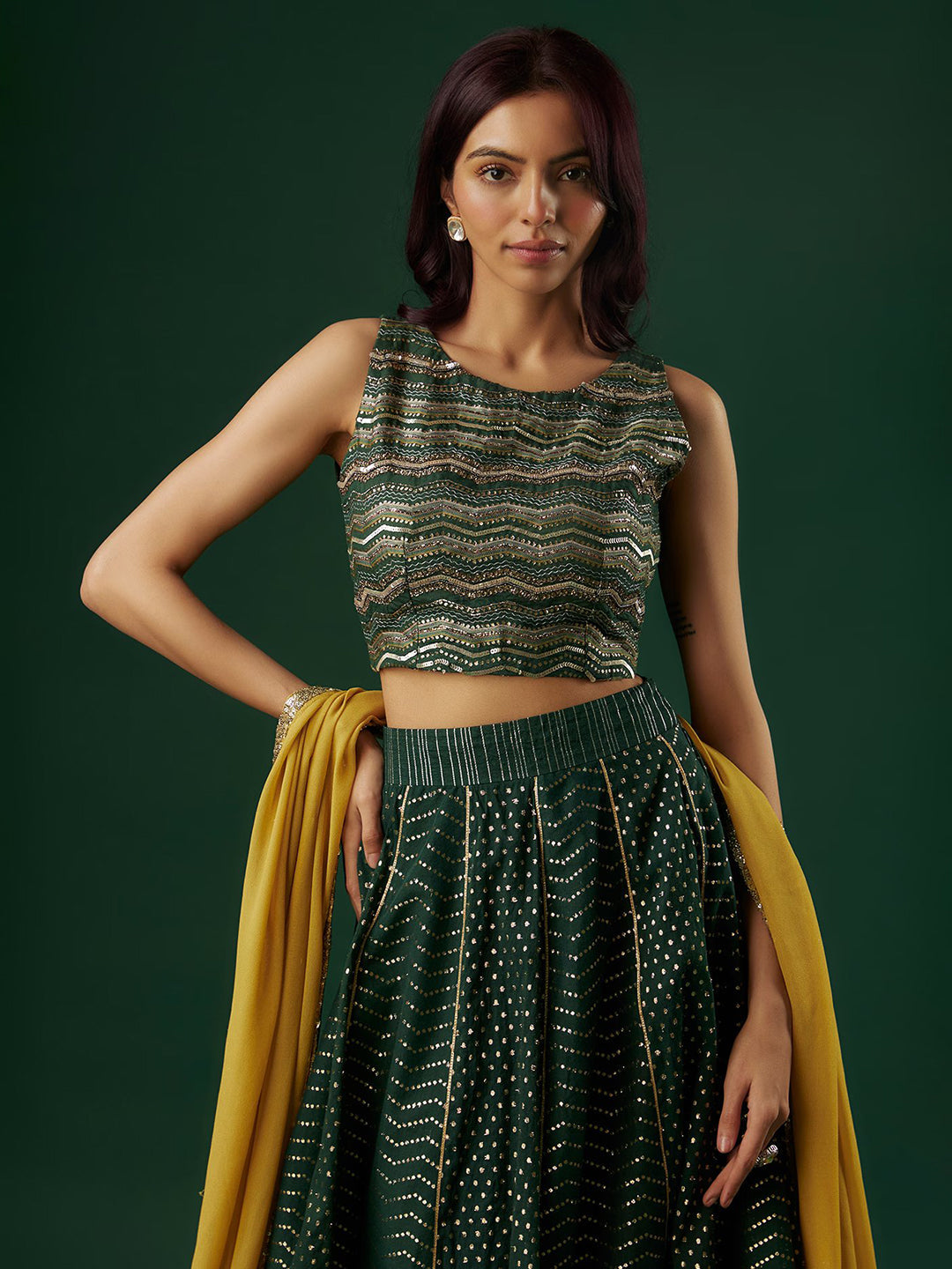 Deep Green Brocade Chanderi Dabka Embroidered Lehenga Set