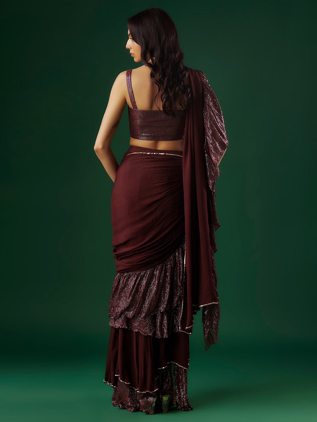 Deep Wine Shimmer Georgette Sequin Ruffled Saree Set