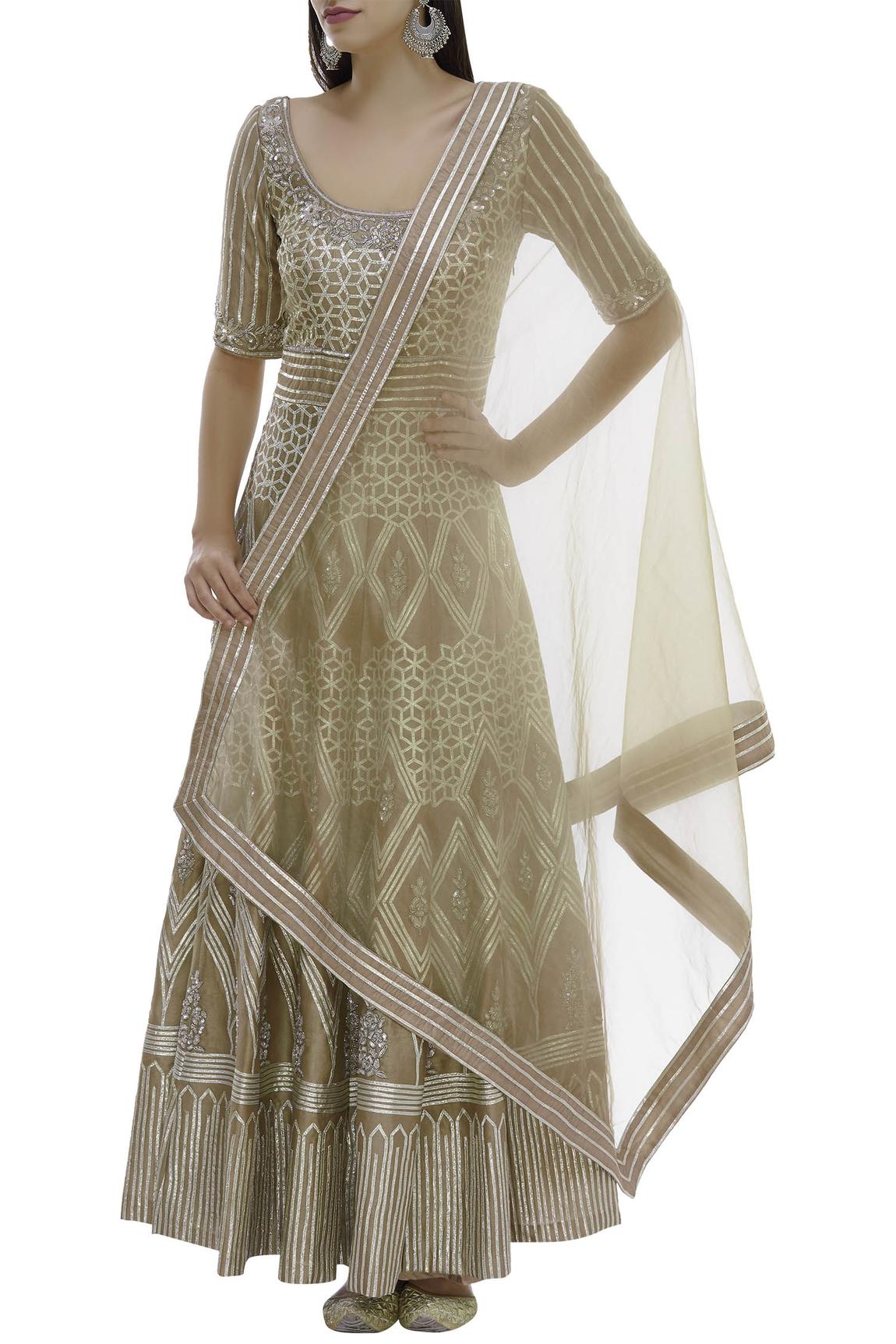 Beige Chanderi Embellished Anarkali With Dupatta