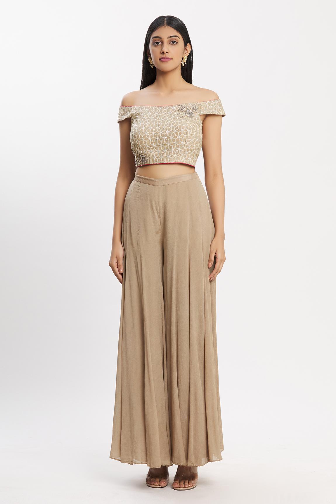 Beige Chanderi Off-Shoulder Top And Palazzo Set