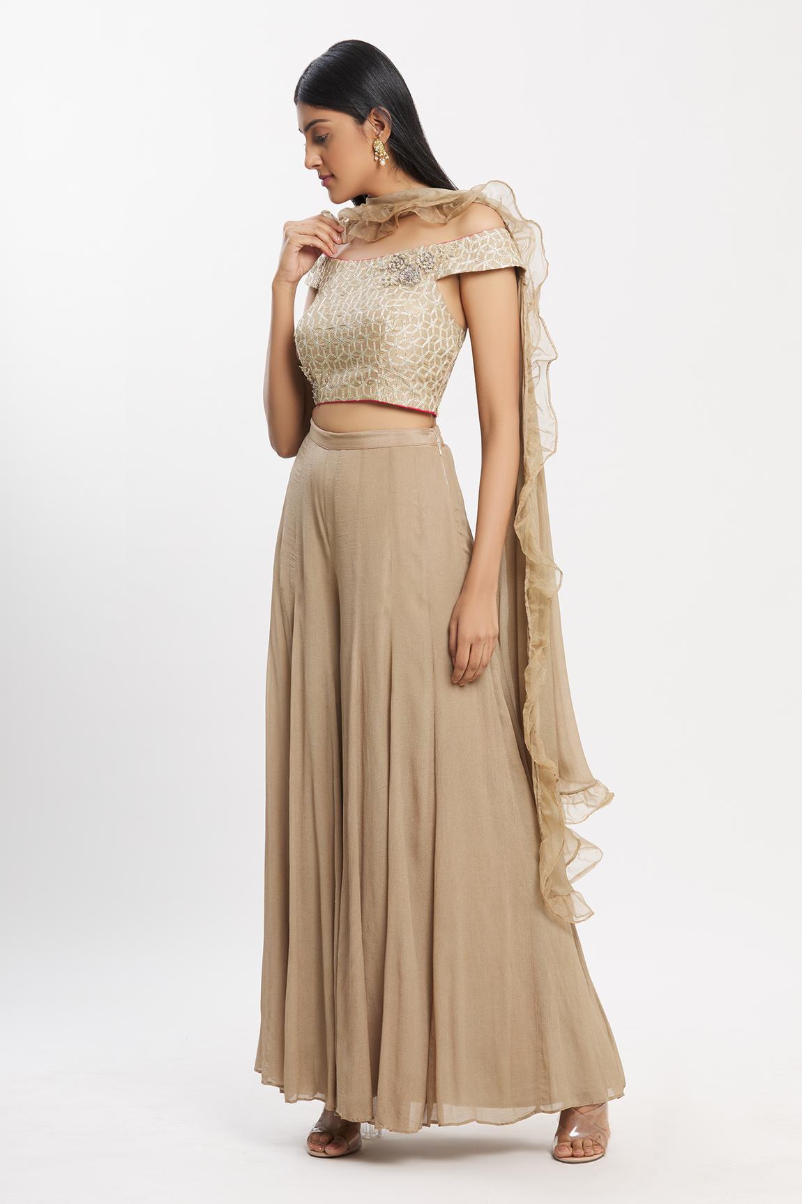 Beige Chanderi Off-Shoulder Top And Palazzo Set