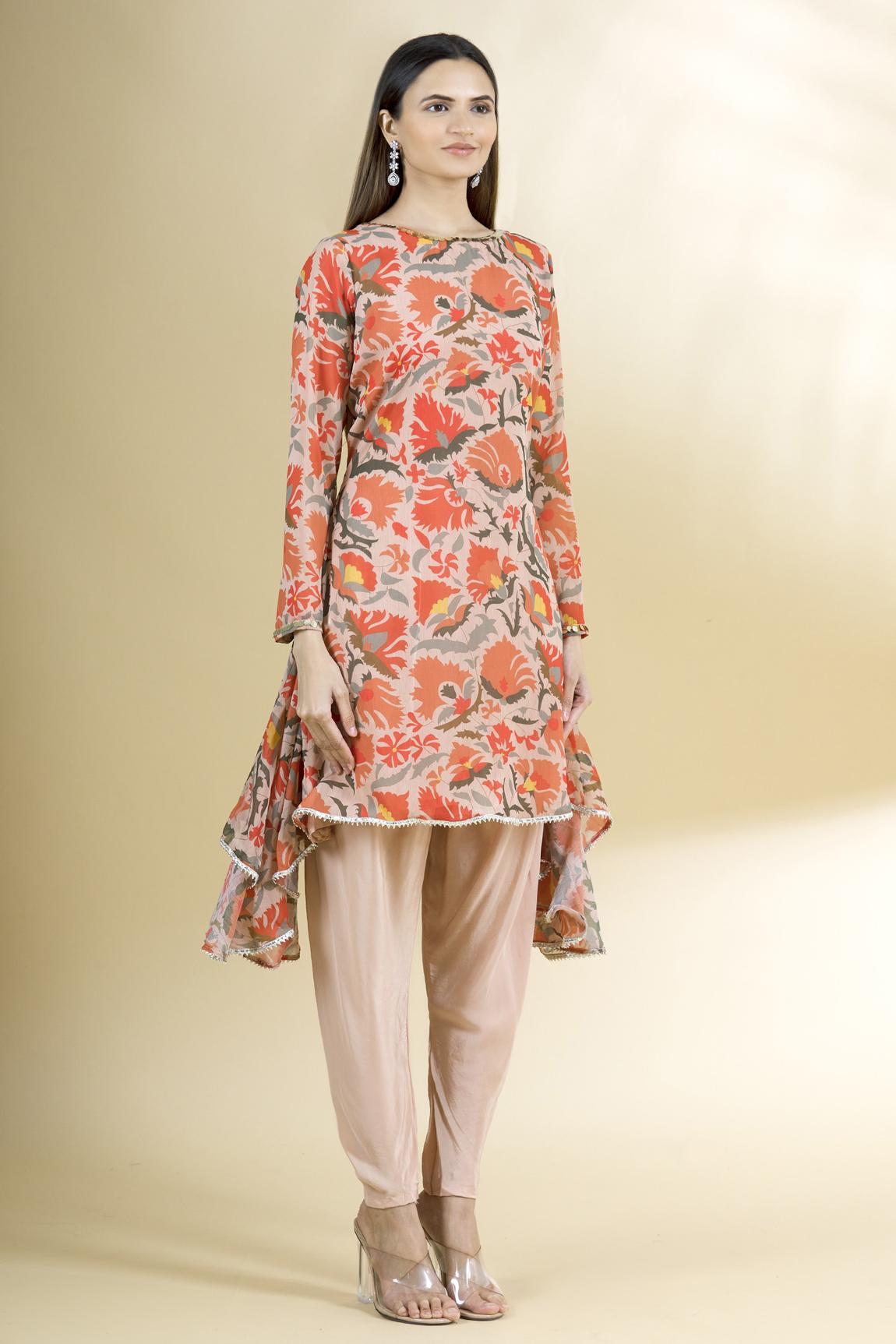 Beige Chiffon Crepe Printed Kurta And Dhoti Pant Set