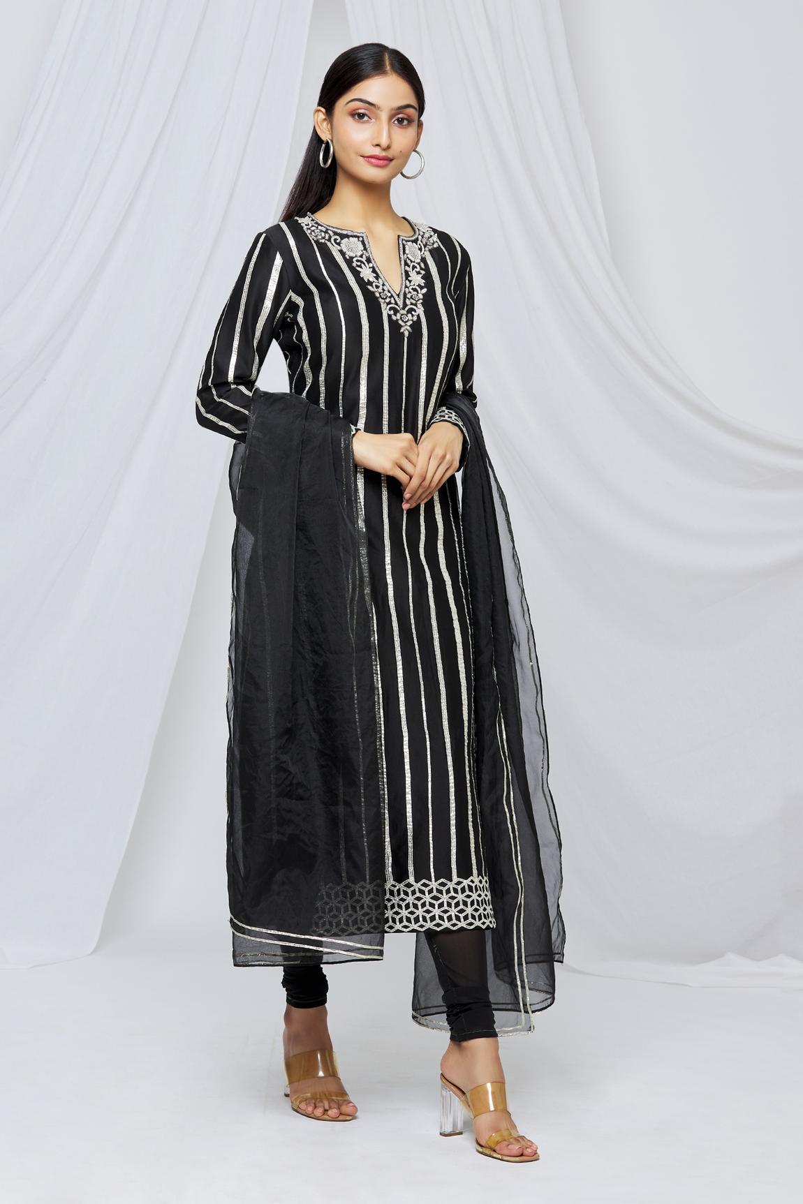 Black Chanderi Embroidered Kurta Set