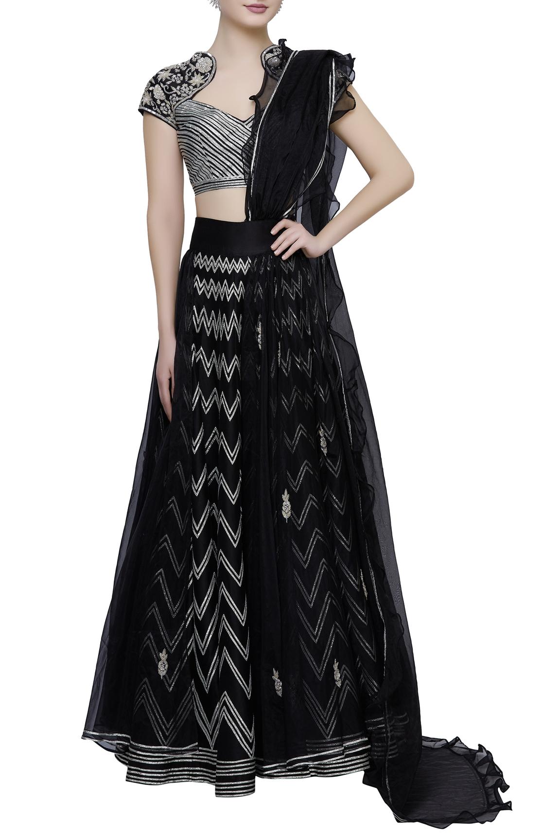 Black Chanderi Embroidered Lehenga Set