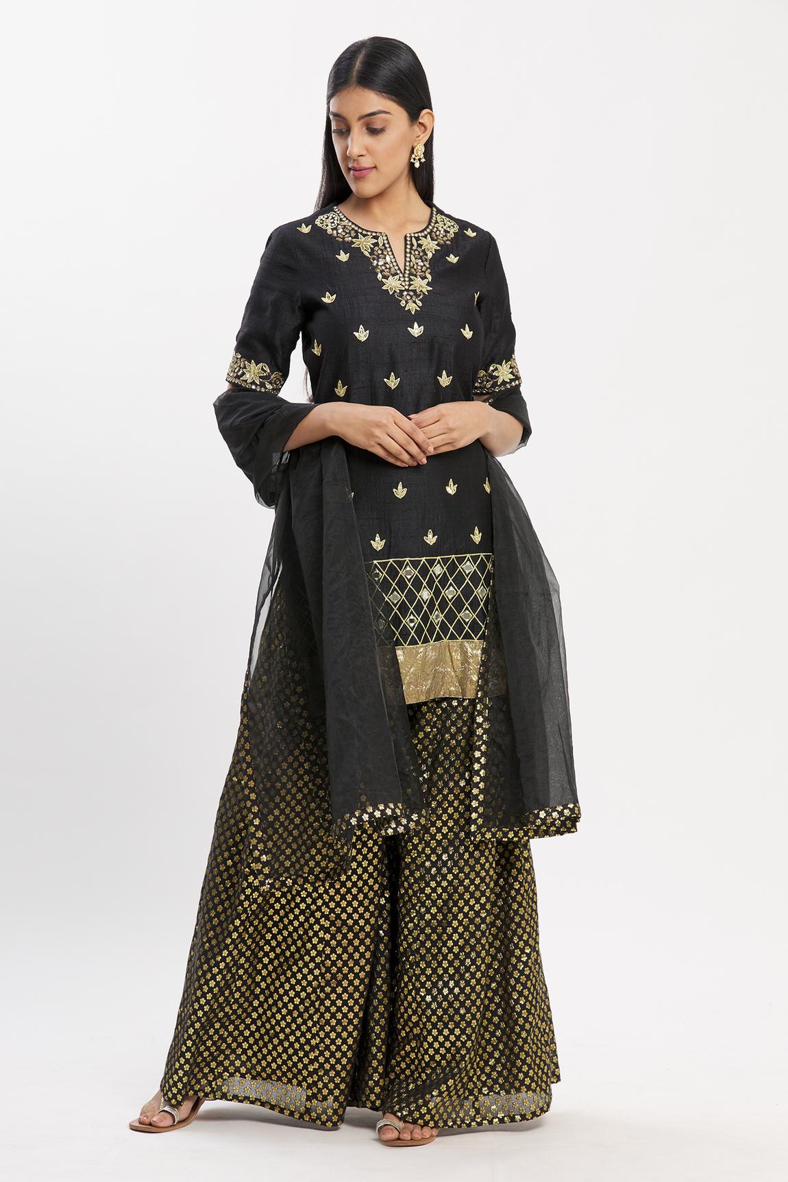 Black Chanderi Silk Kurta Set