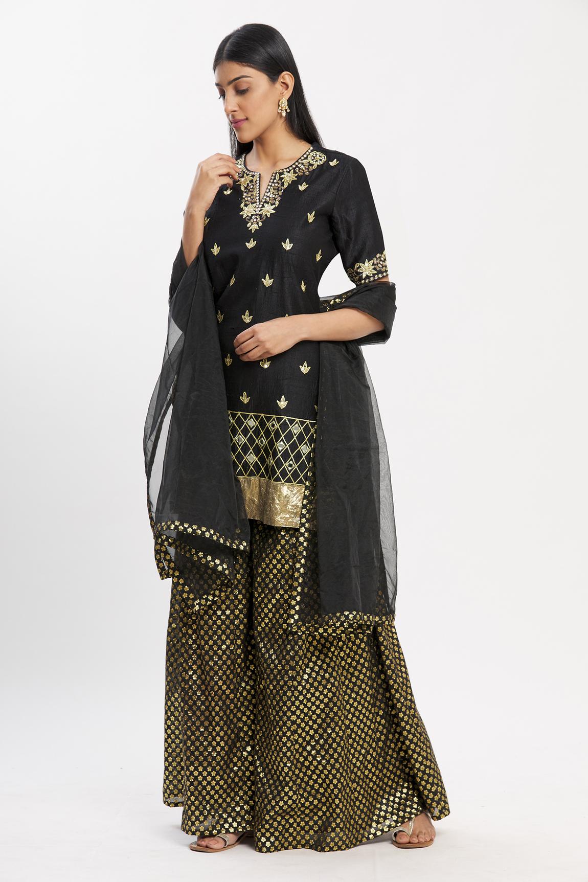 Black Chanderi Silk Kurta Set