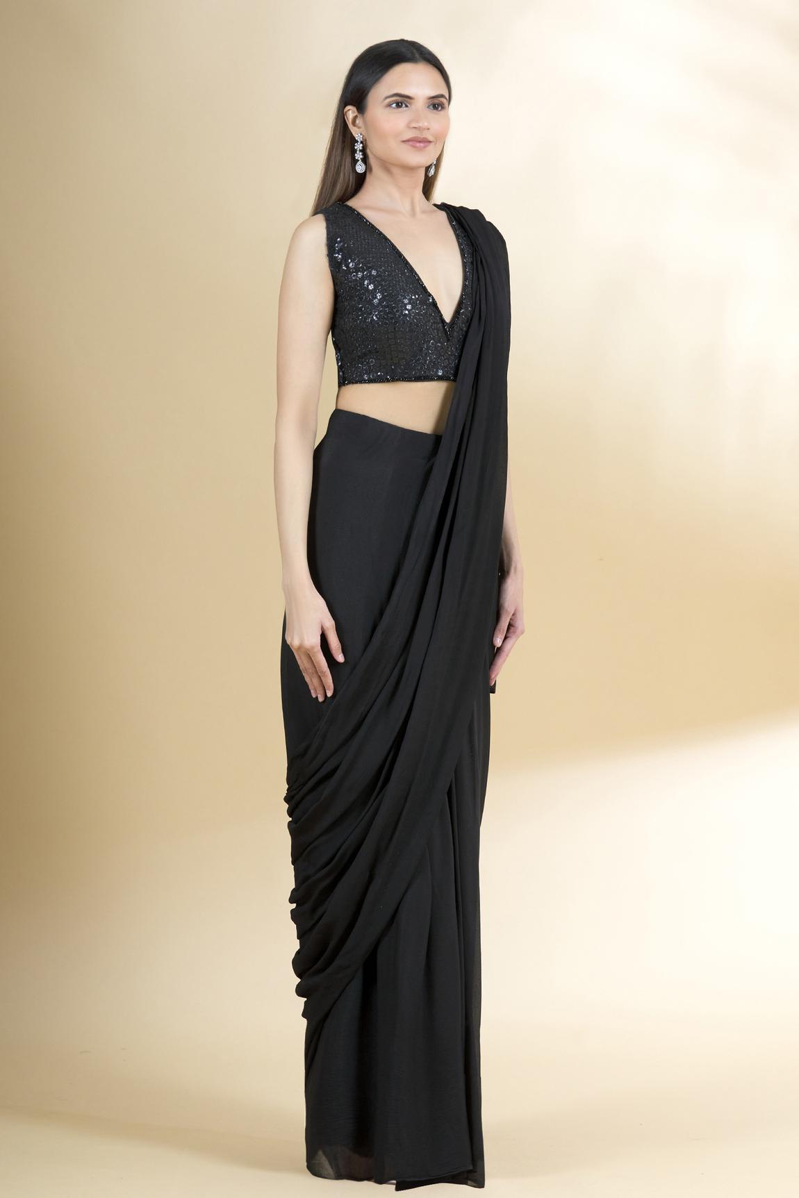 Black Chiffon Pre-draped Saree With Blouse