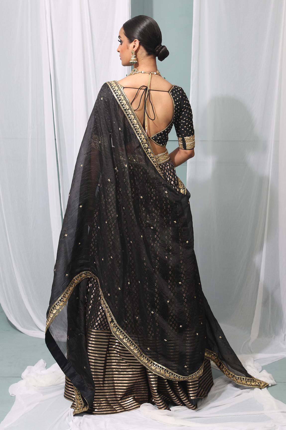 Black Embroidered Banarasi Silk Lehenga Set