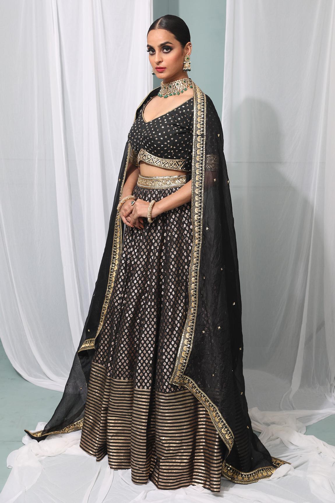 Black Embroidered Banarasi Silk Lehenga Set