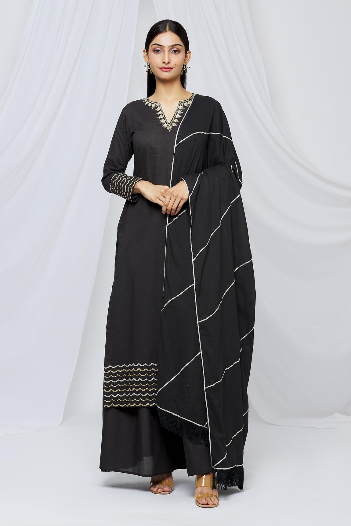 Black Mul Embroidered Kurta Sharara Set