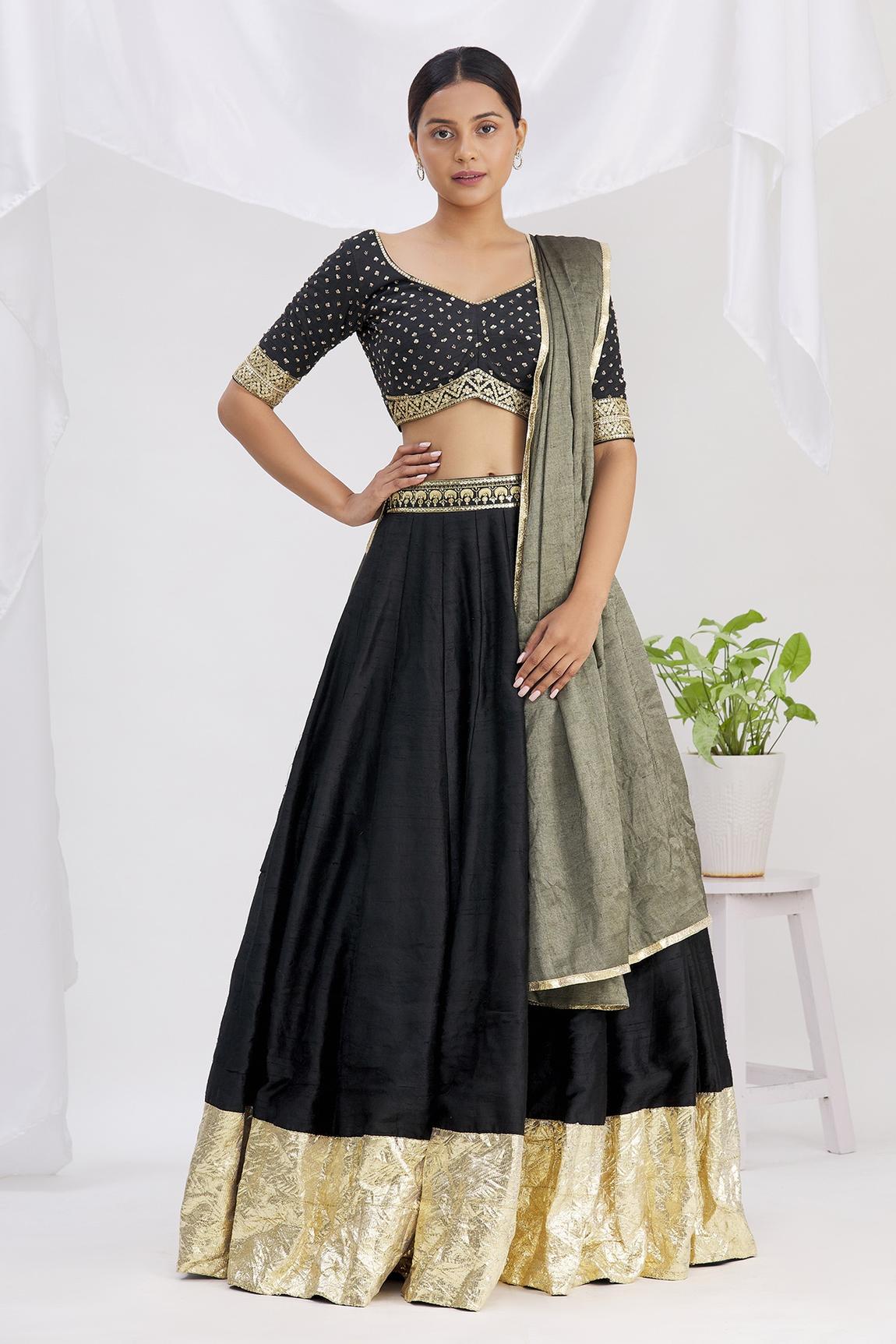 Black Raw Silk Zari Embroidered Lehenga Set