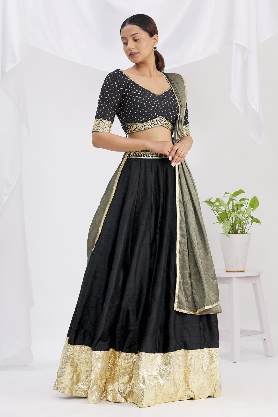 Black Raw Silk Zari Embroidered Lehenga Set