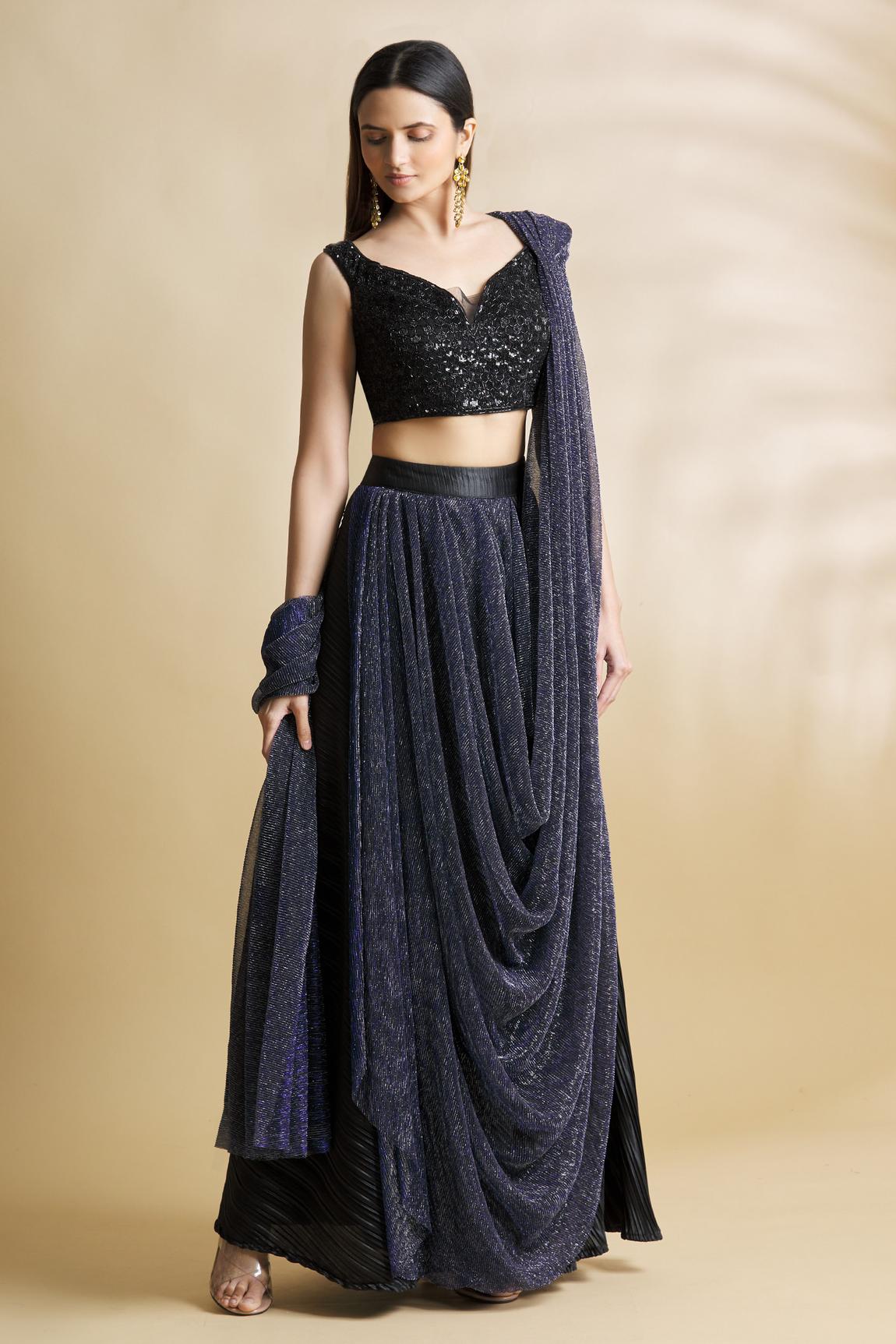 Black Satin Pre-draped Skirt Saree With Blouse