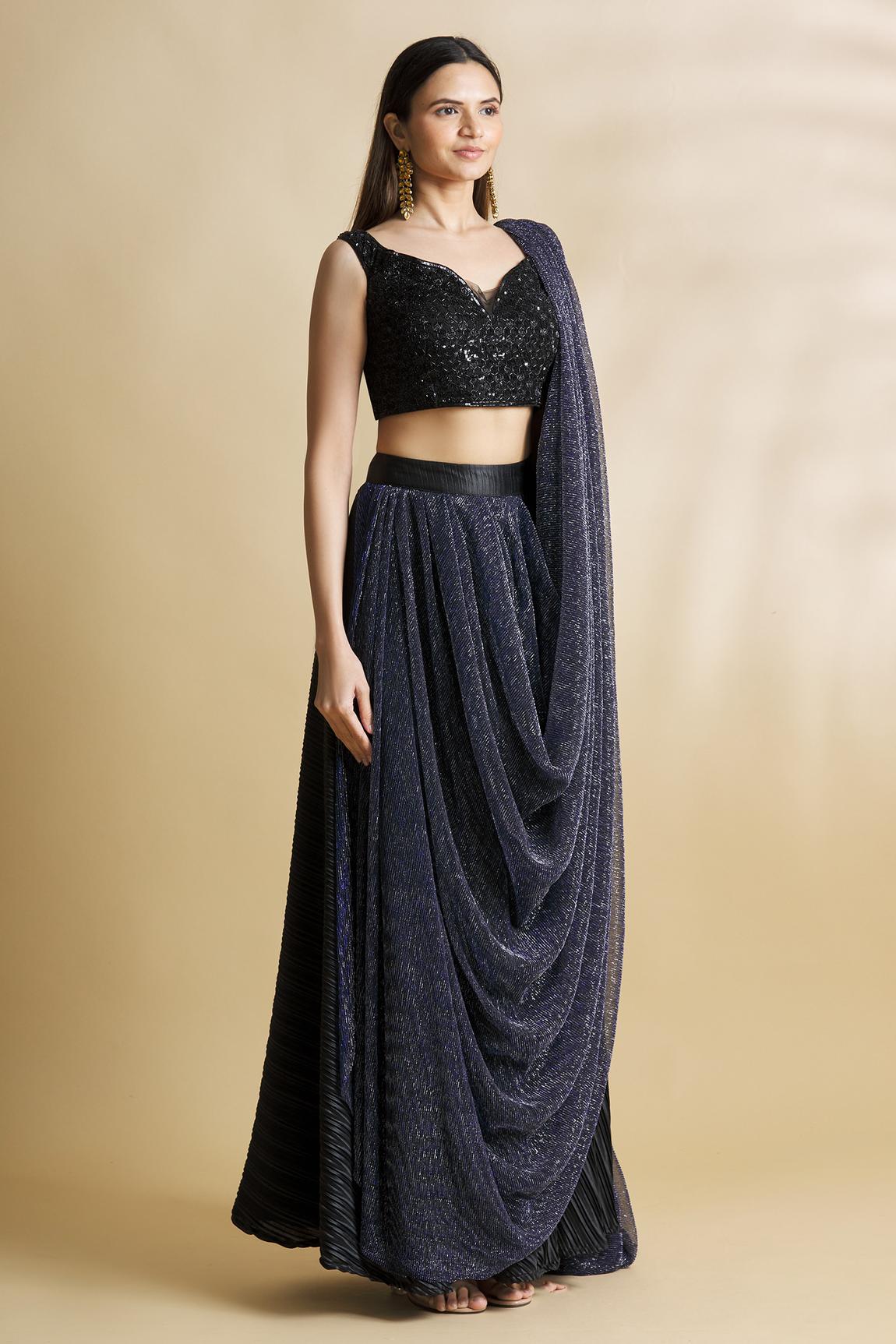 Black Satin Pre-draped Skirt Saree With Blouse