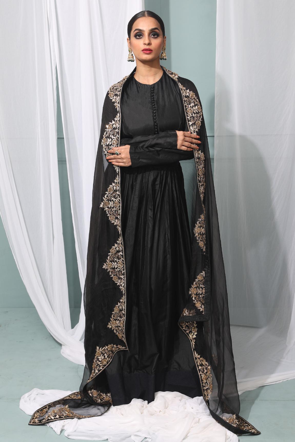 Black Silk Anarkali With Dupatta