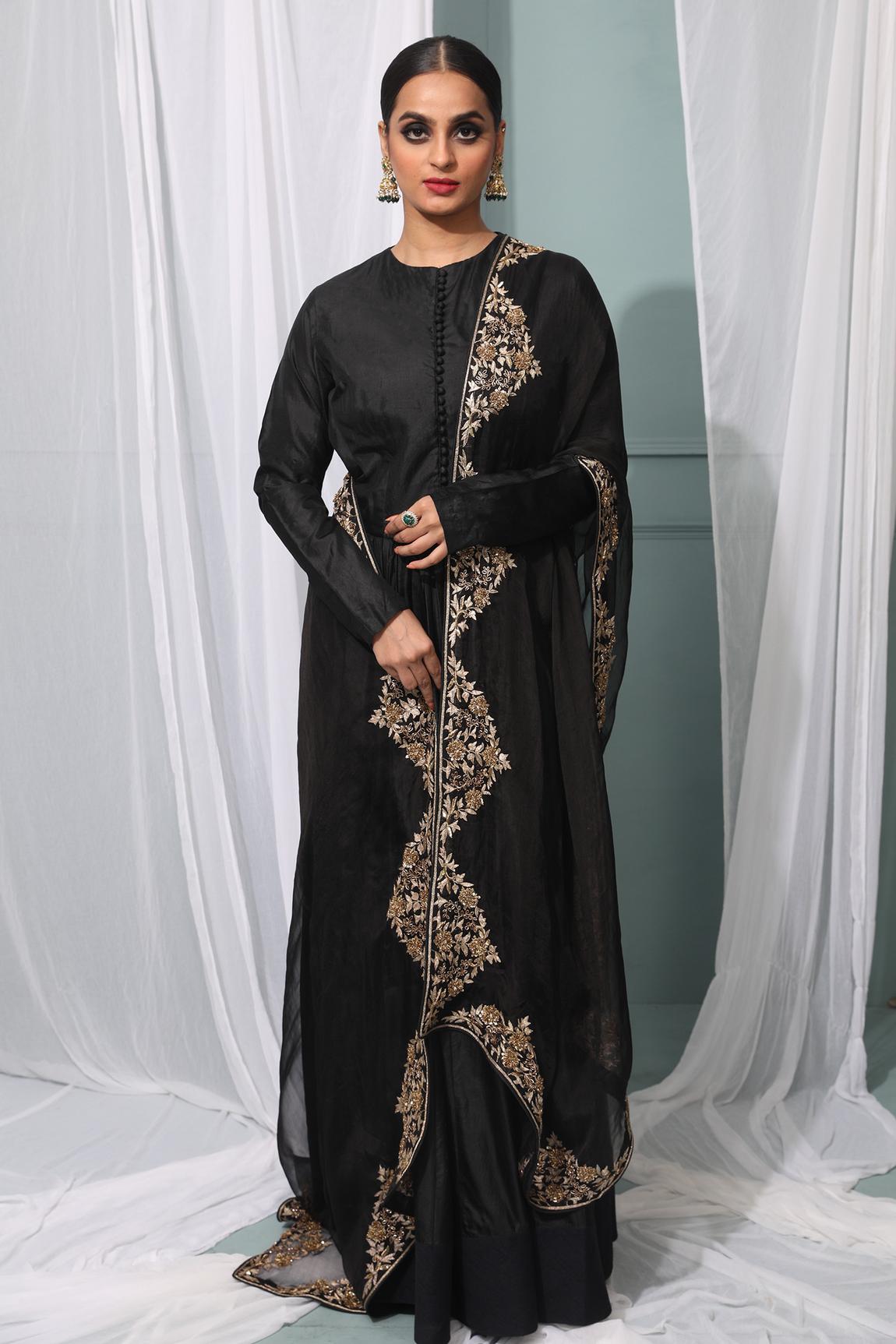 Black Silk Anarkali With Dupatta