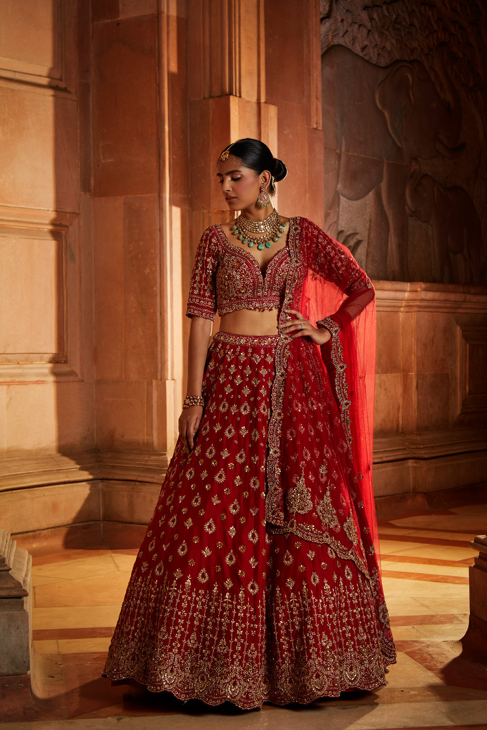 Blood Red Raw Silk Bridal Lehenga Choli Set