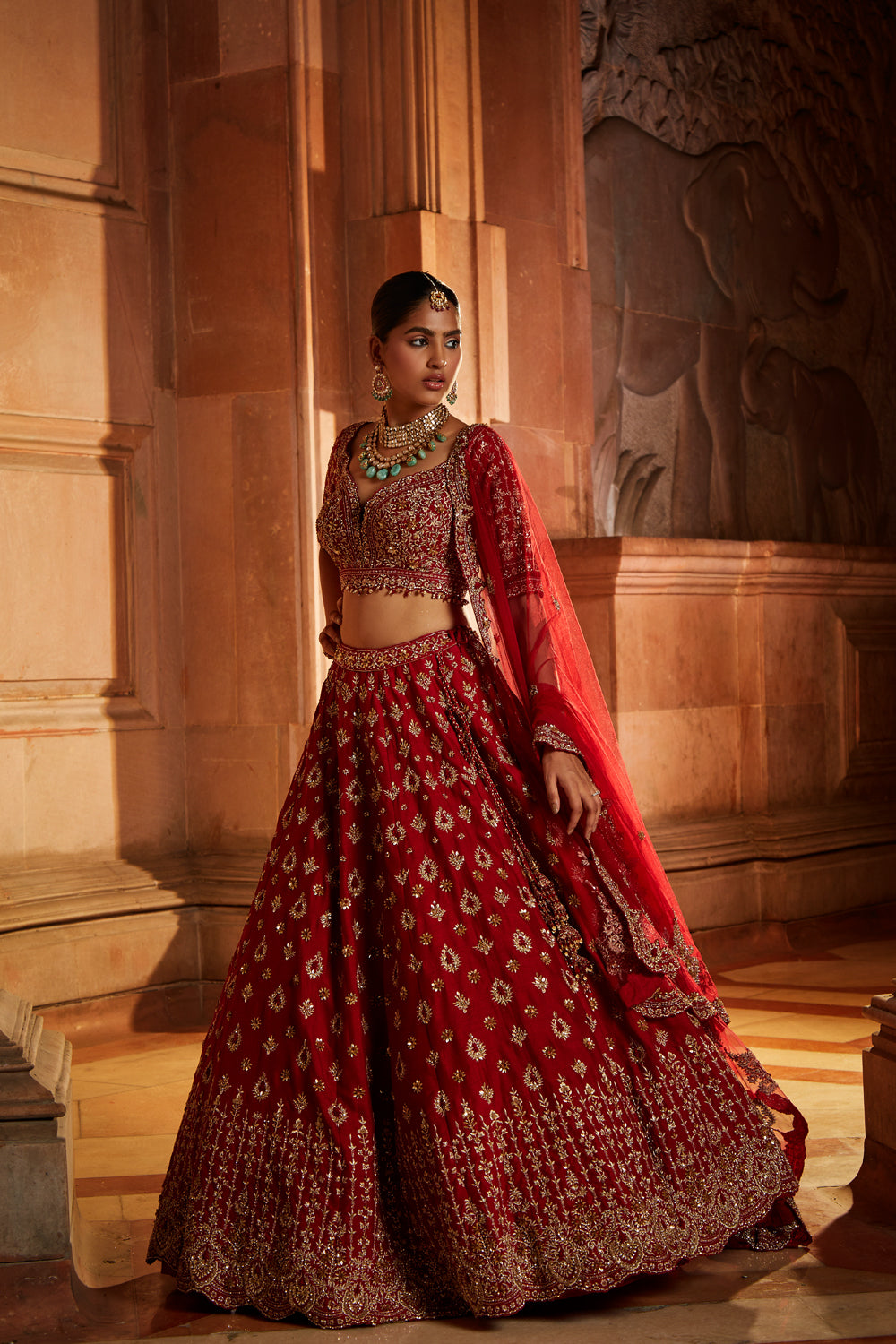 Blood Red Raw Silk Bridal Lehenga Choli Set