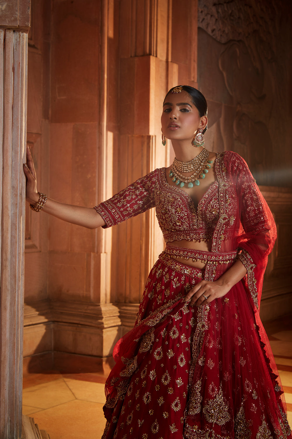 Blood Red Raw Silk Bridal Lehenga Choli Set