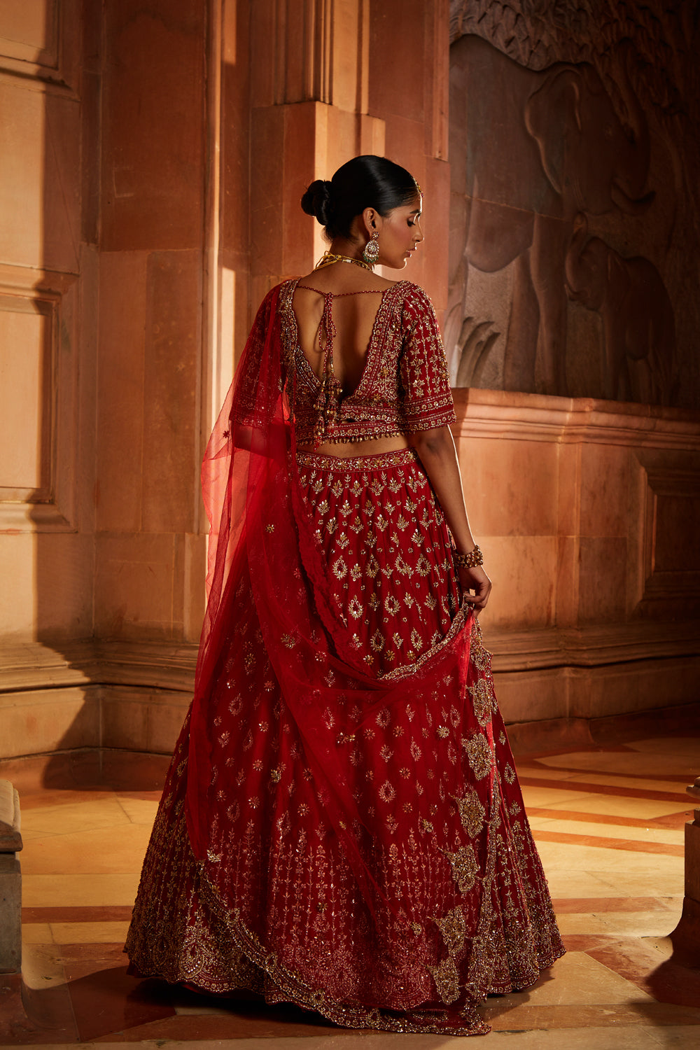 Blood Red Raw Silk Bridal Lehenga Choli Set