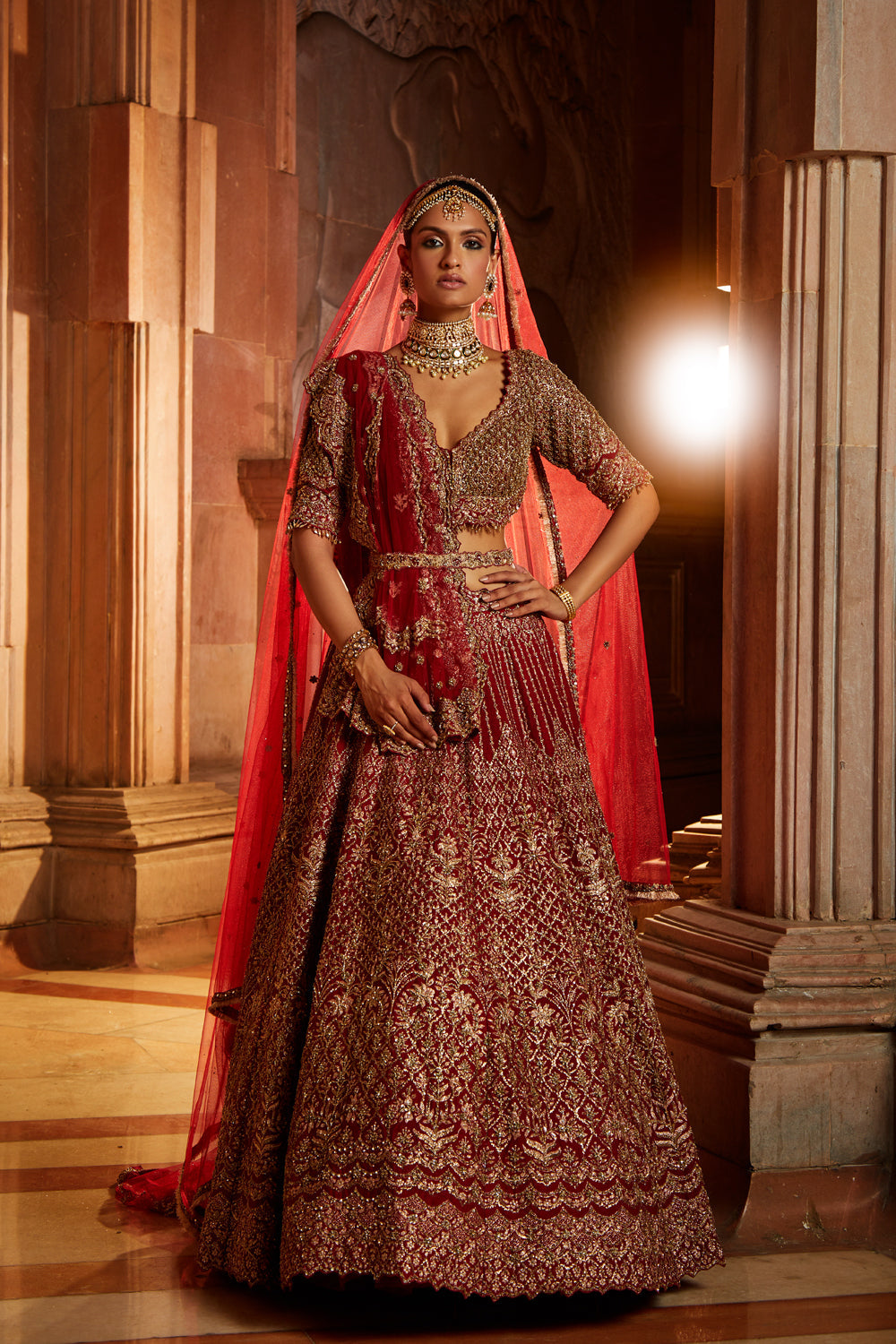 Blood Red Raw Silk Lehenga with Zari and Tulle Dupatta