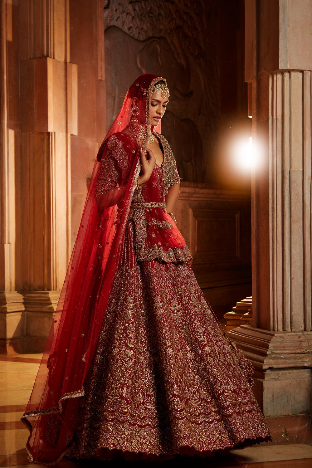 Blood Red Raw Silk Lehenga with Zari and Tulle Dupatta