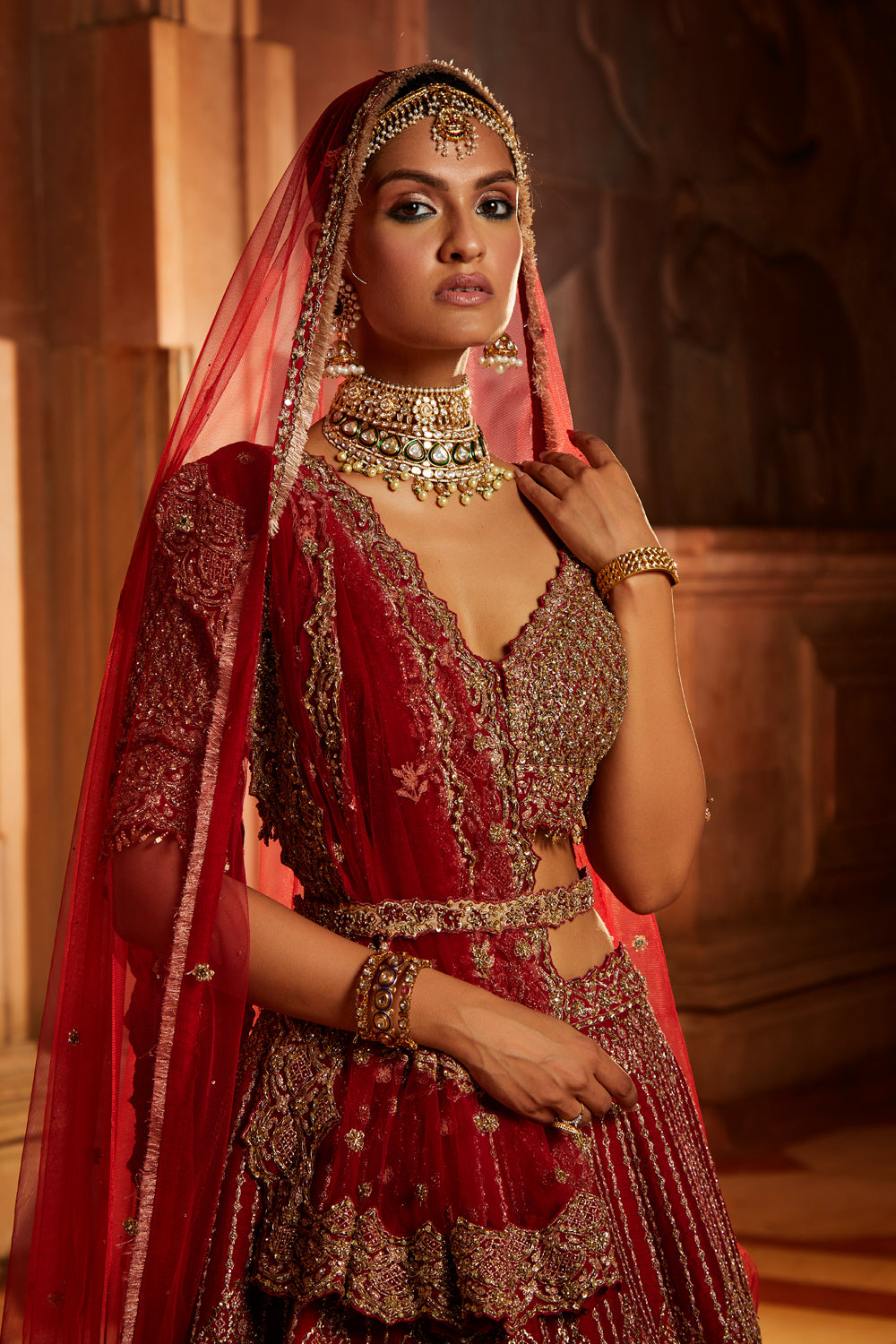 Blood Red Raw Silk Lehenga with Zari and Tulle Dupatta