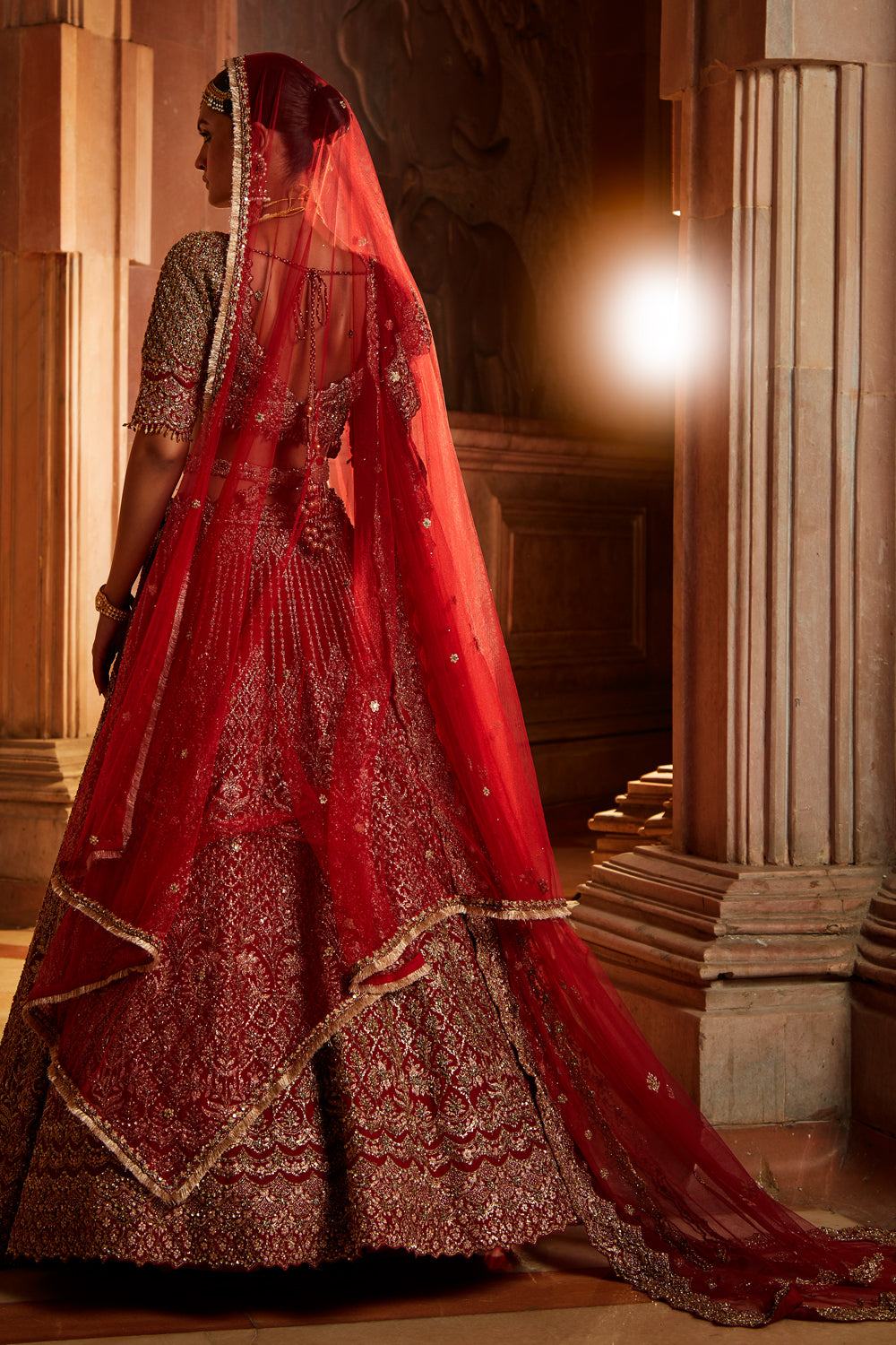 Blood Red Raw Silk Lehenga with Zari and Tulle Dupatta