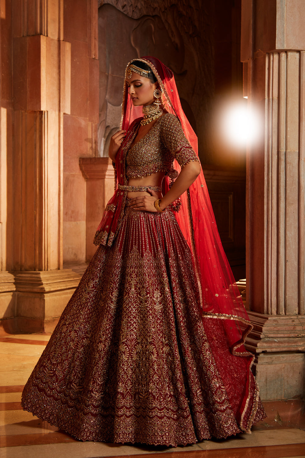 Blood Red Raw Silk Lehenga with Zari and Tulle Dupatta