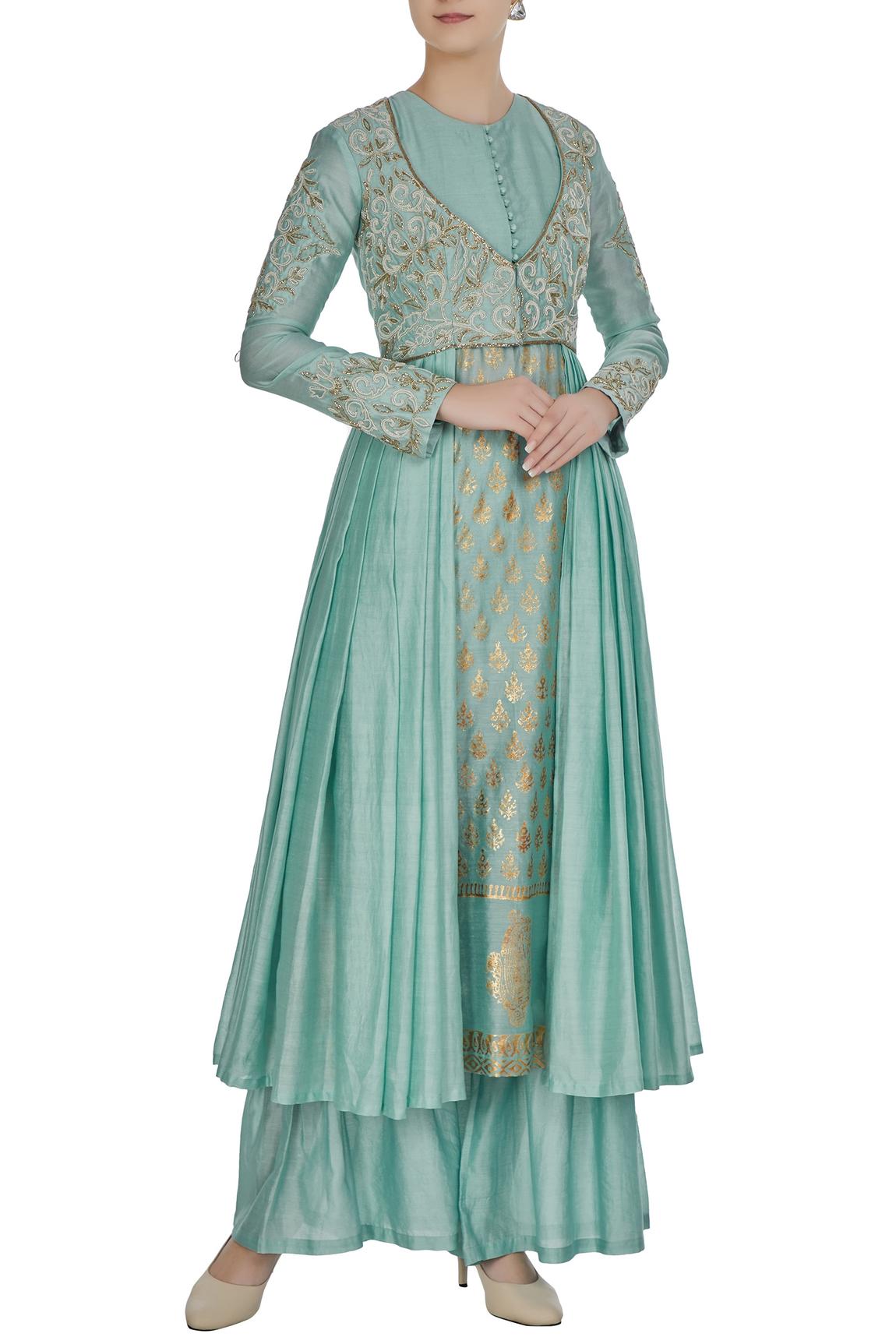 Blue Chanderi Kurta With Gota Pleated Jacket And Pants