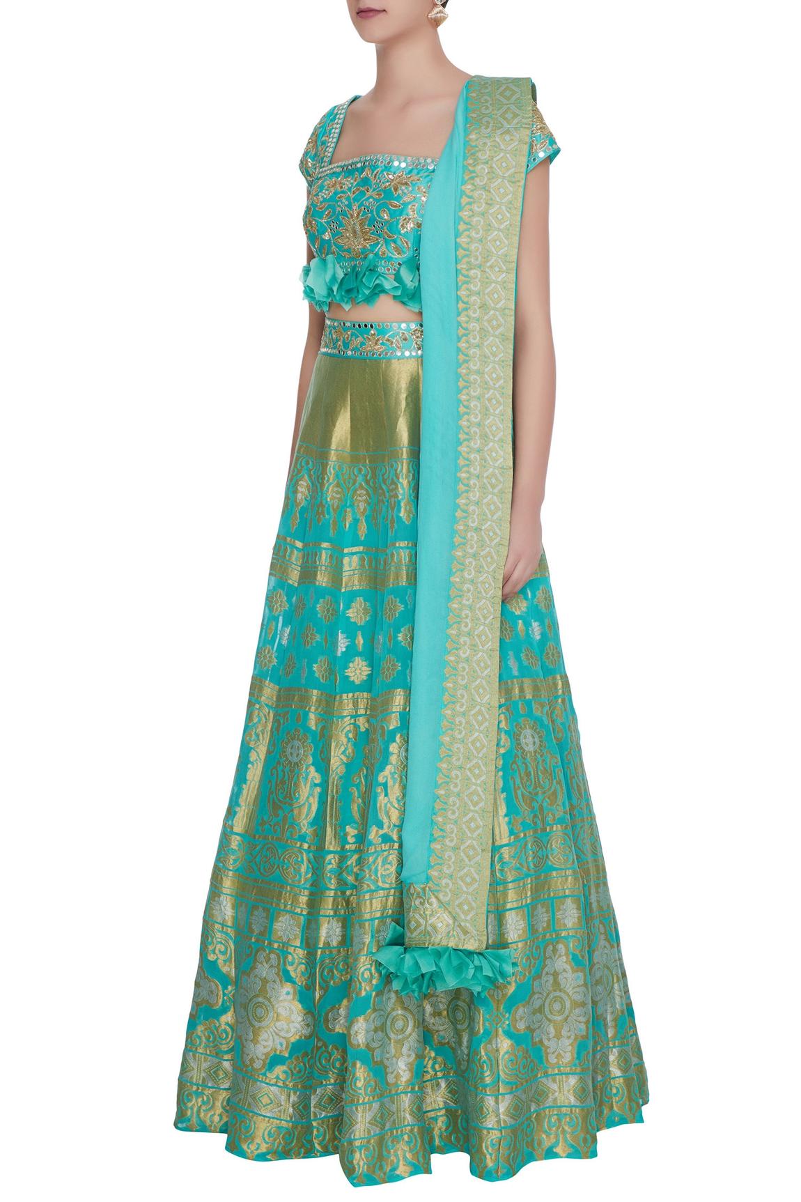 Blue Chanderi Silk Embroidered Lehenga Set