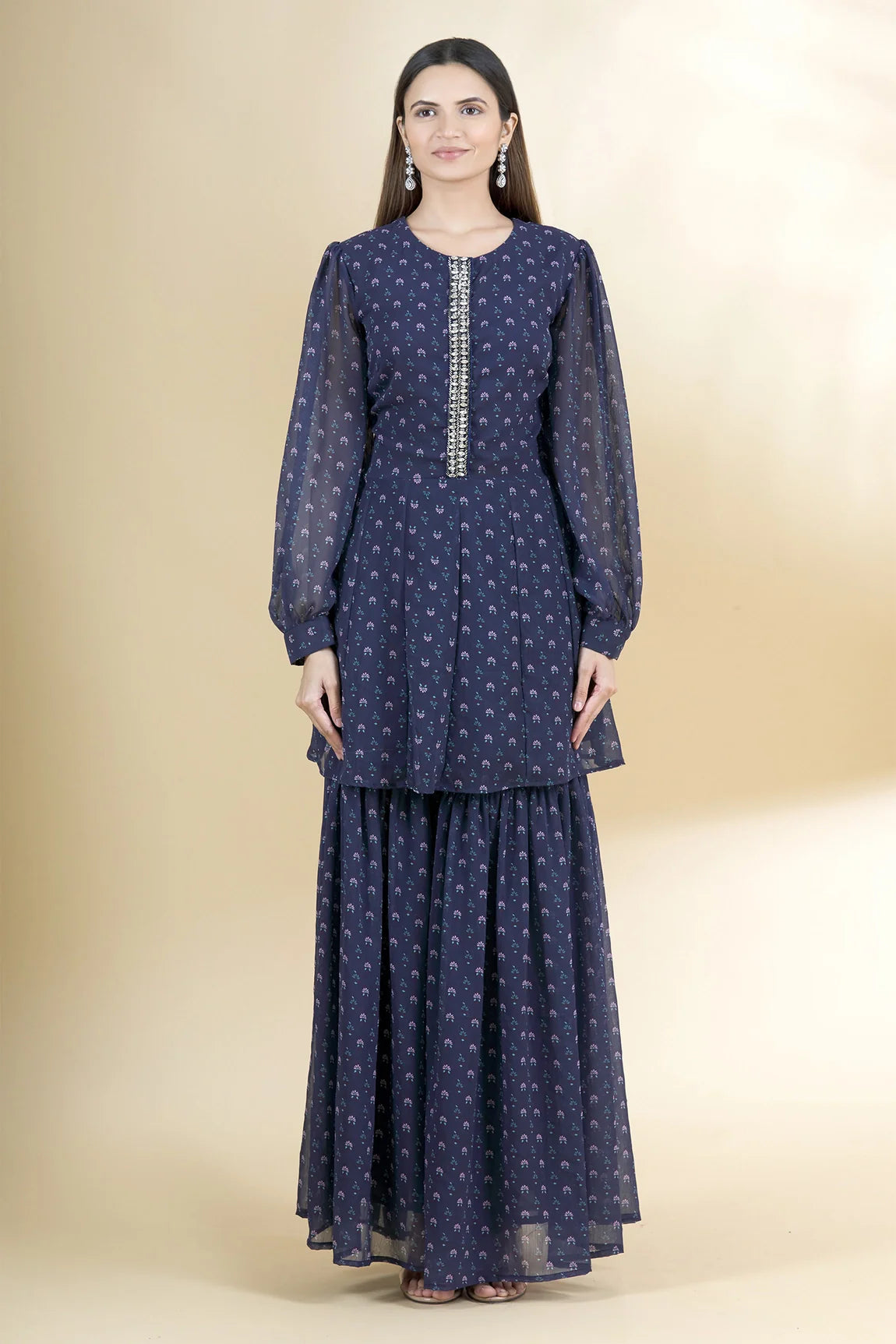 Blue Chiffon Printed Kurta Sharara Set