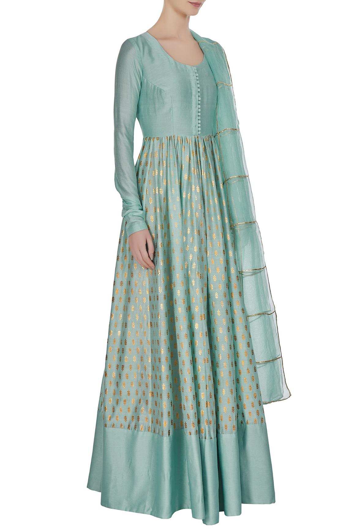 Blue Foil Printed Chanderi Silk Anarkali Set