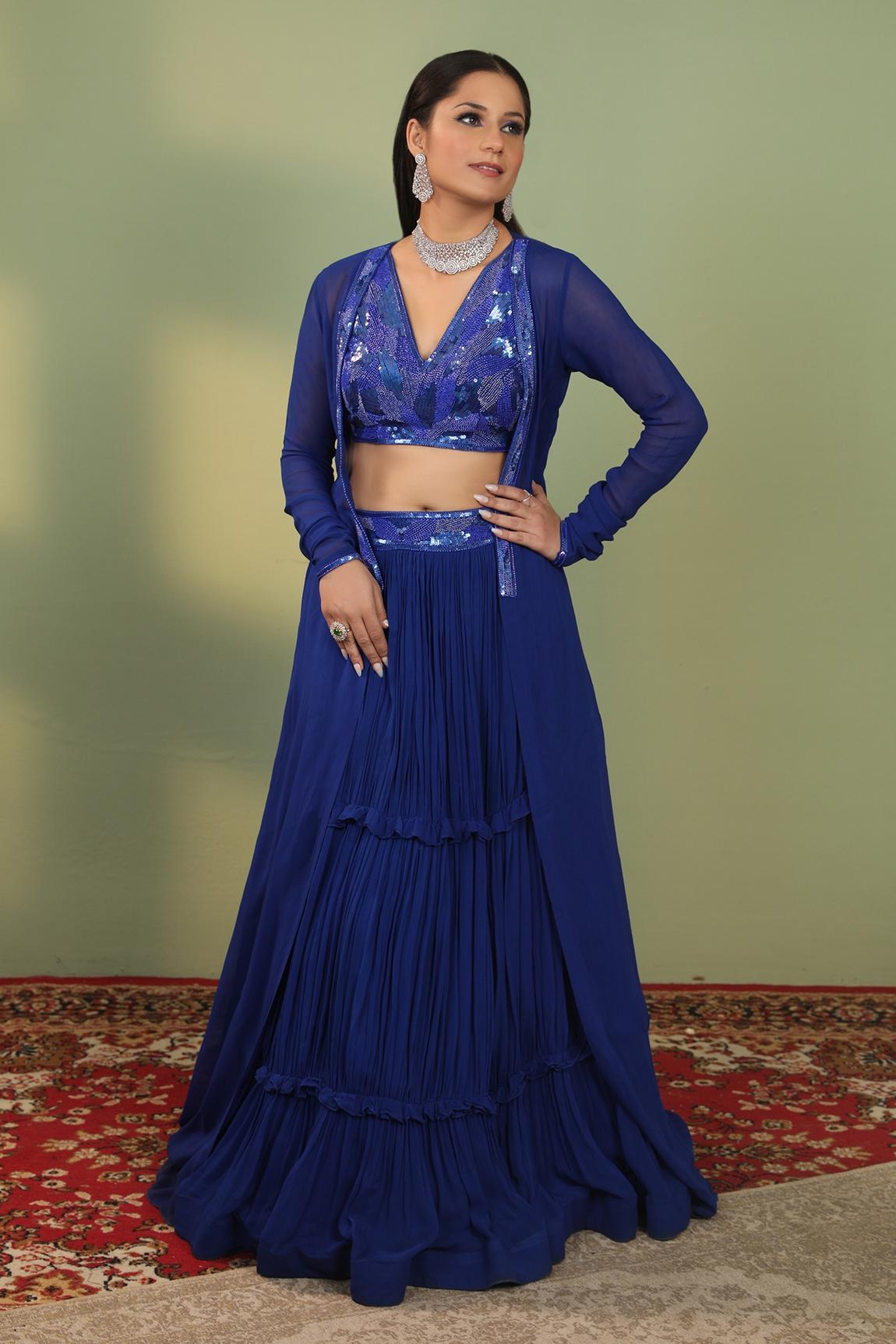 Blue Georgette Embroidered Cape And Lehenga Set