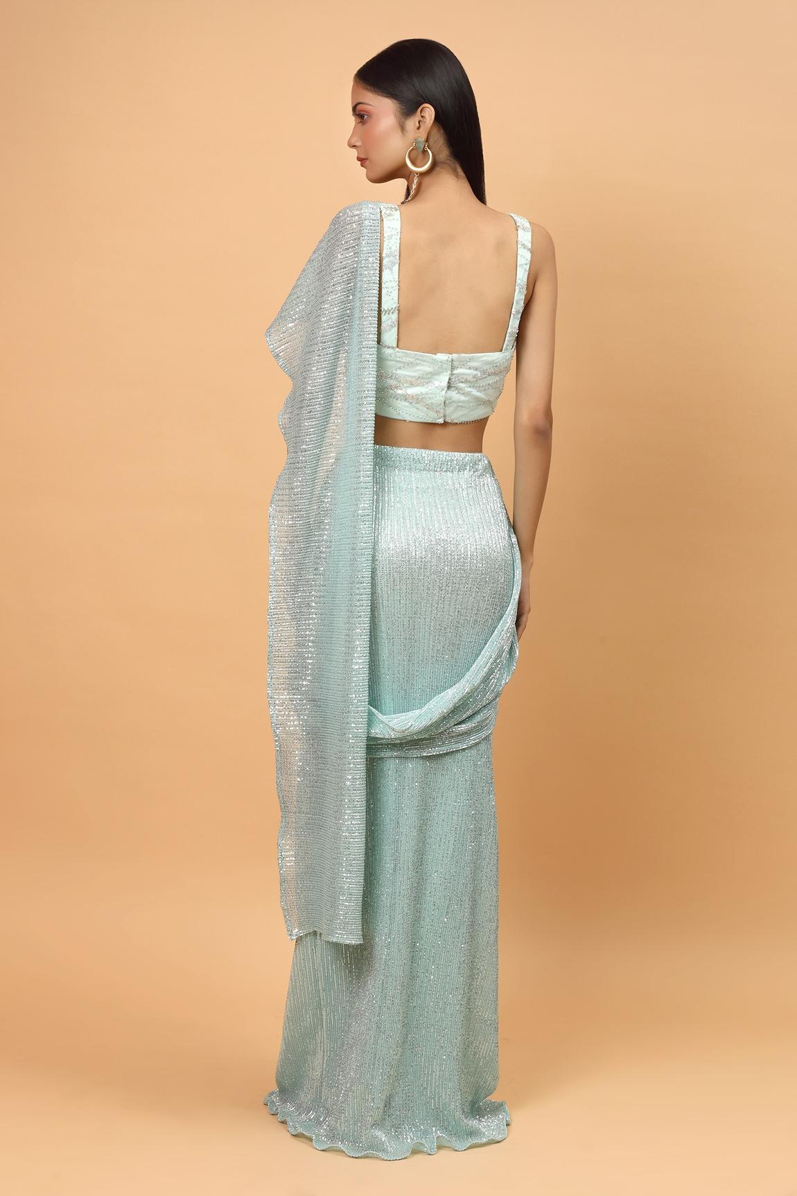 Ice Blue Net Pre-draped Saree With Blouse