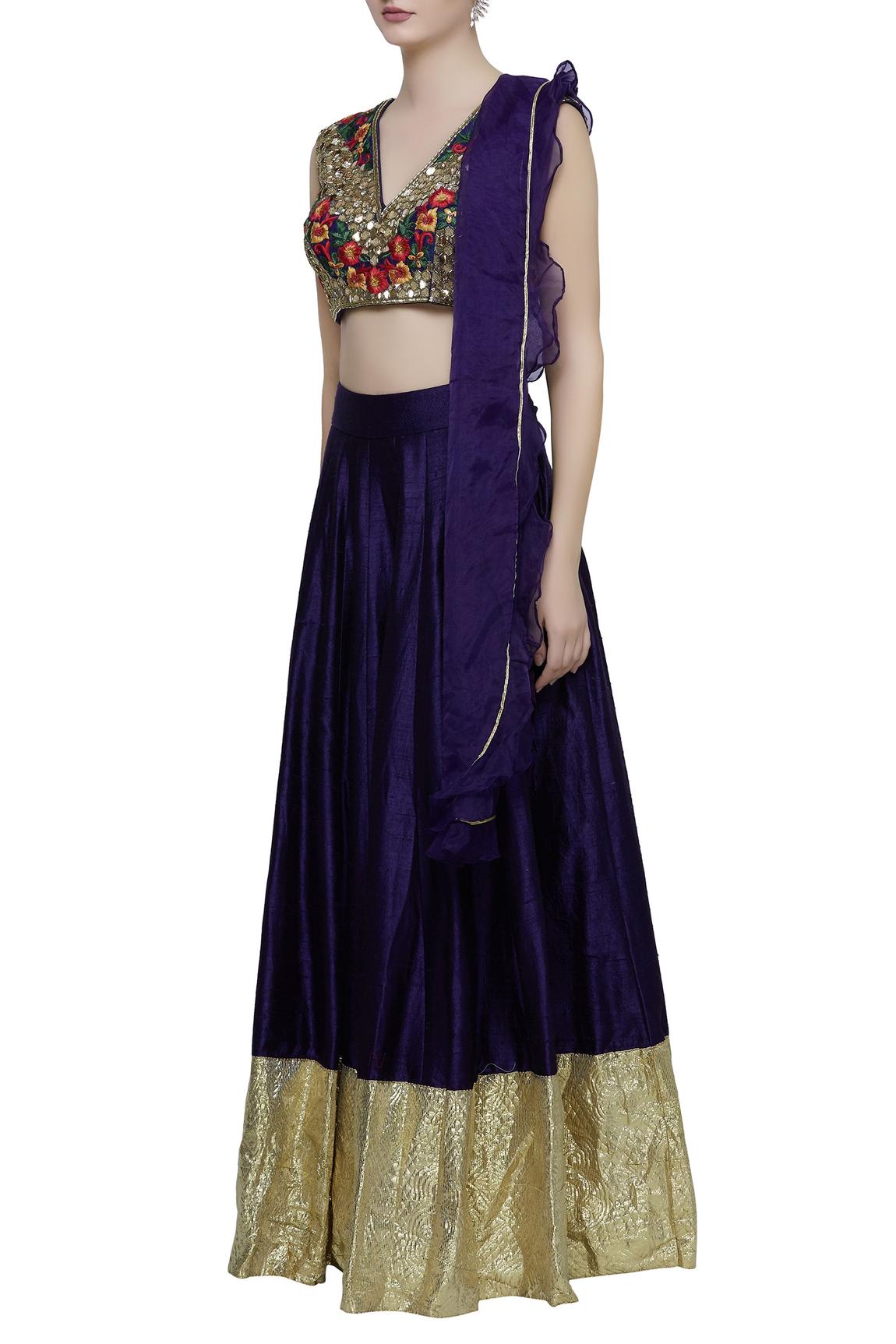 Blue Raw Silk Embroidered Lehenga Set