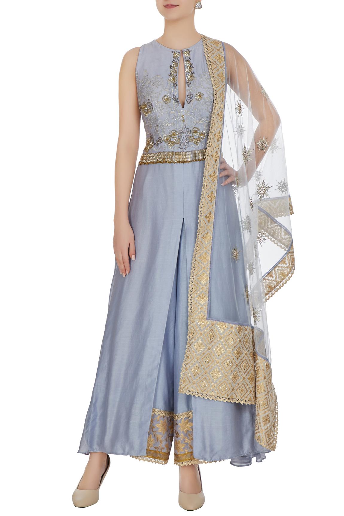 Blue Zari And Cutdana Embroidered Front Slit Kurta Set