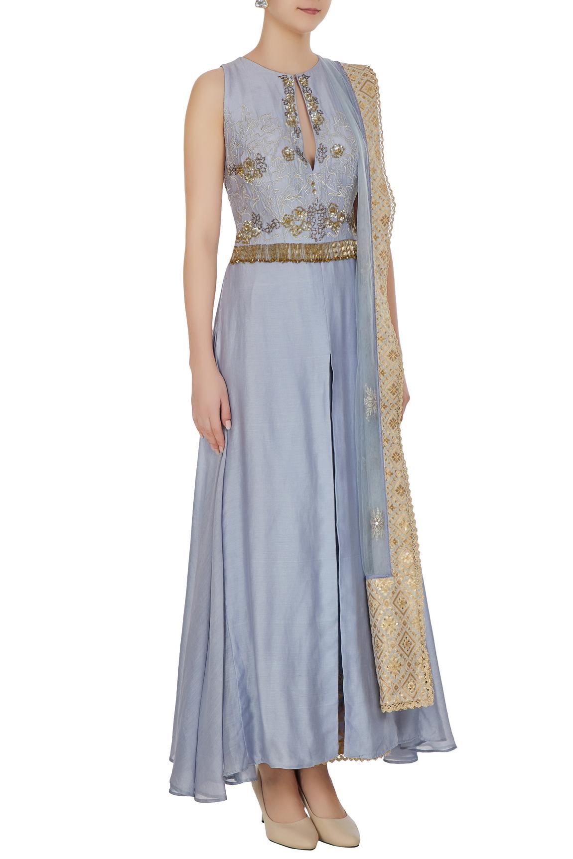 Blue Zari And Cutdana Embroidered Front Slit Kurta Set