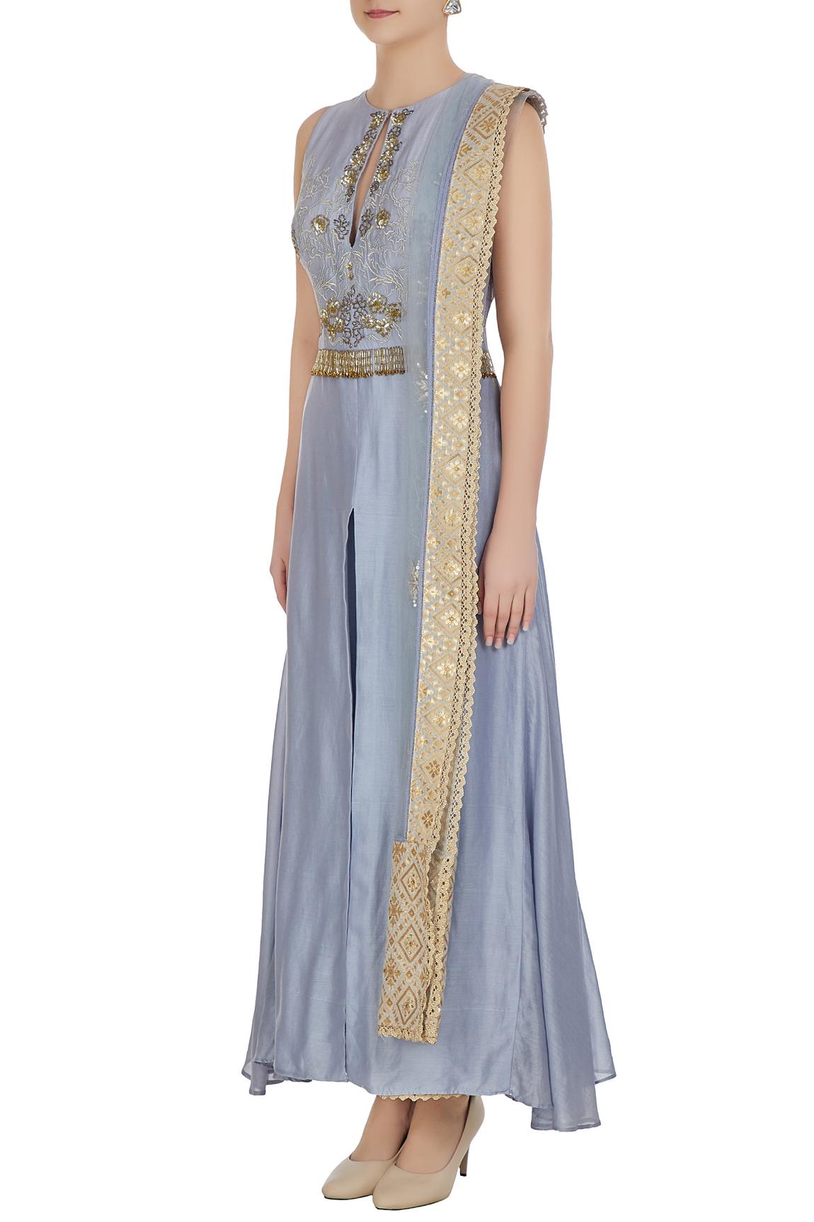 Blue Zari And Cutdana Embroidered Front Slit Kurta Set