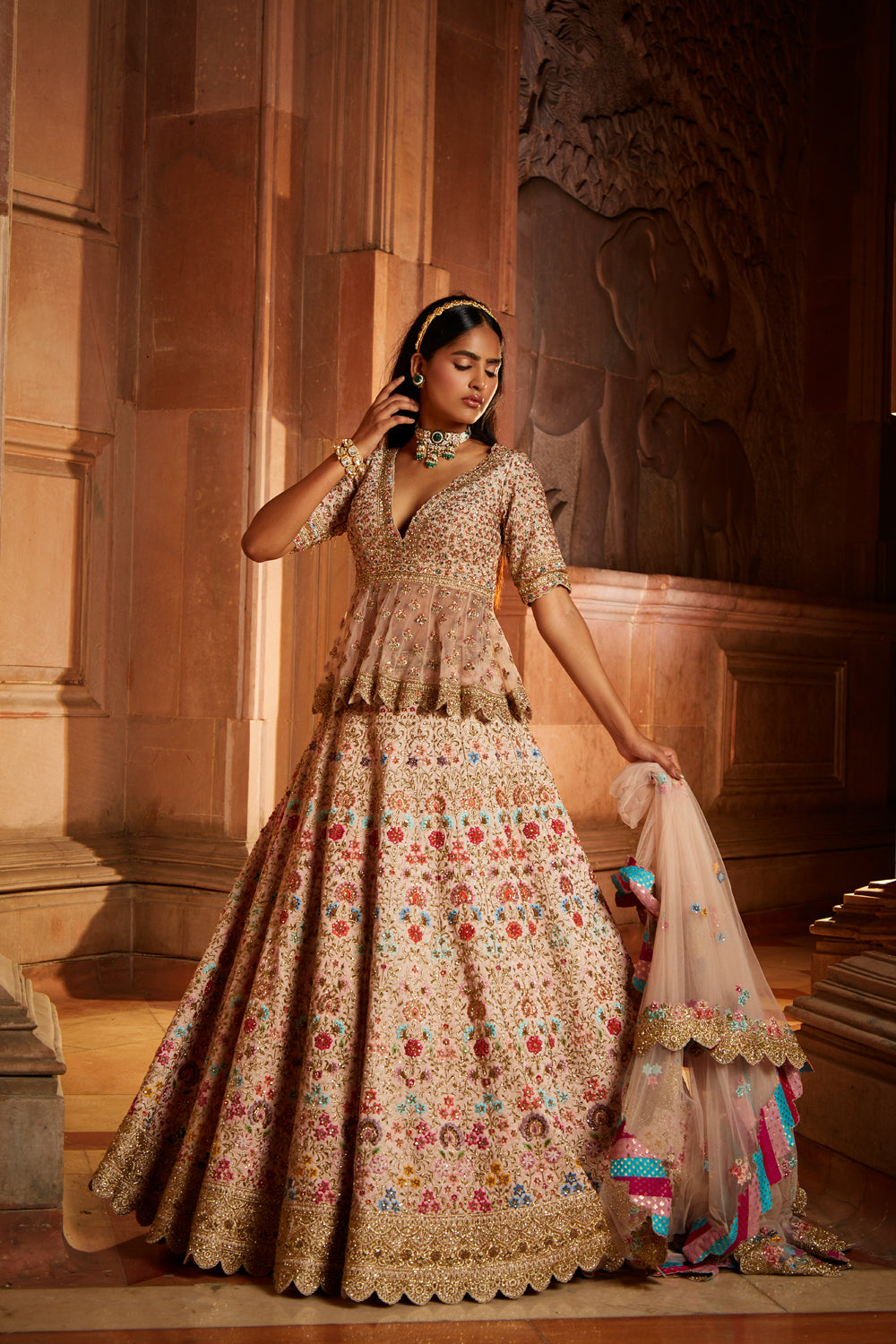 Blush Pink Raw Silk Lehenga Peplum Set with Tulle Dupatta
