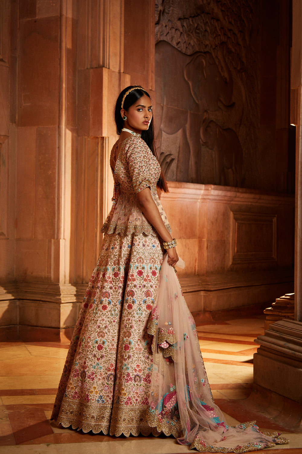 Blush Pink Raw Silk Lehenga Peplum Set with Tulle Dupatta