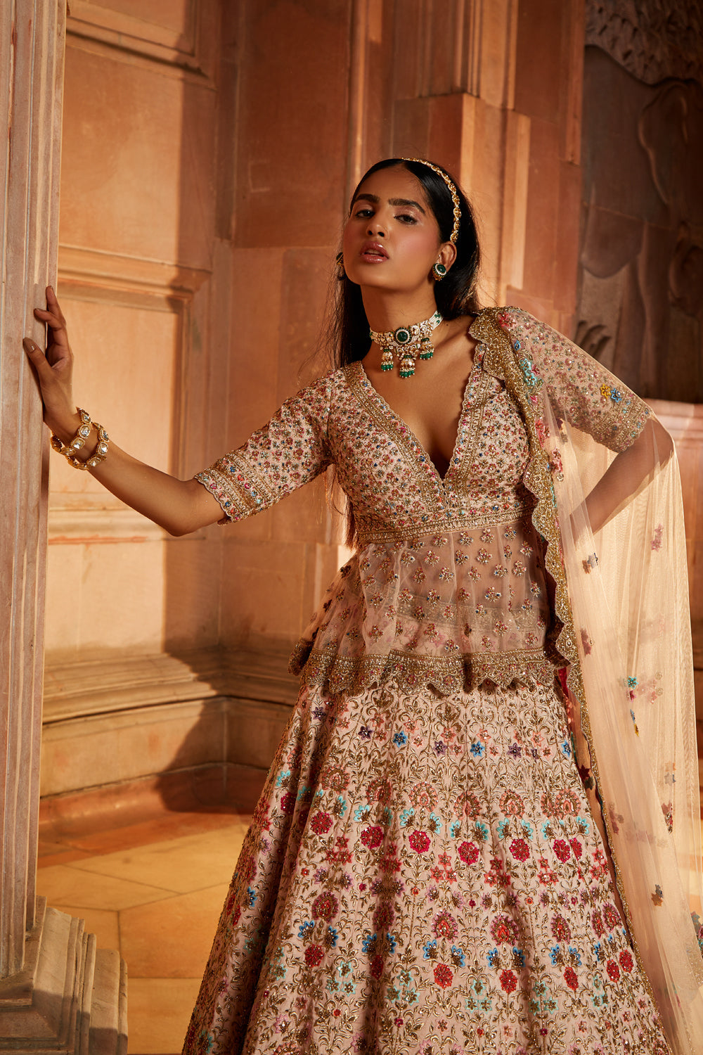 Blush Pink Raw Silk Lehenga Peplum Set with Tulle Dupatta