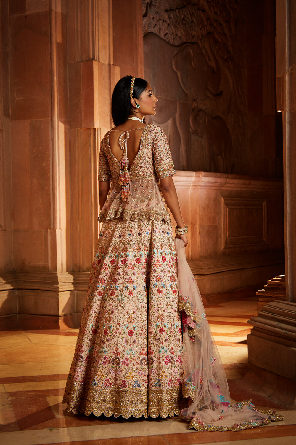 Blush Pink Raw Silk Lehenga Peplum Set with Tulle Dupatta