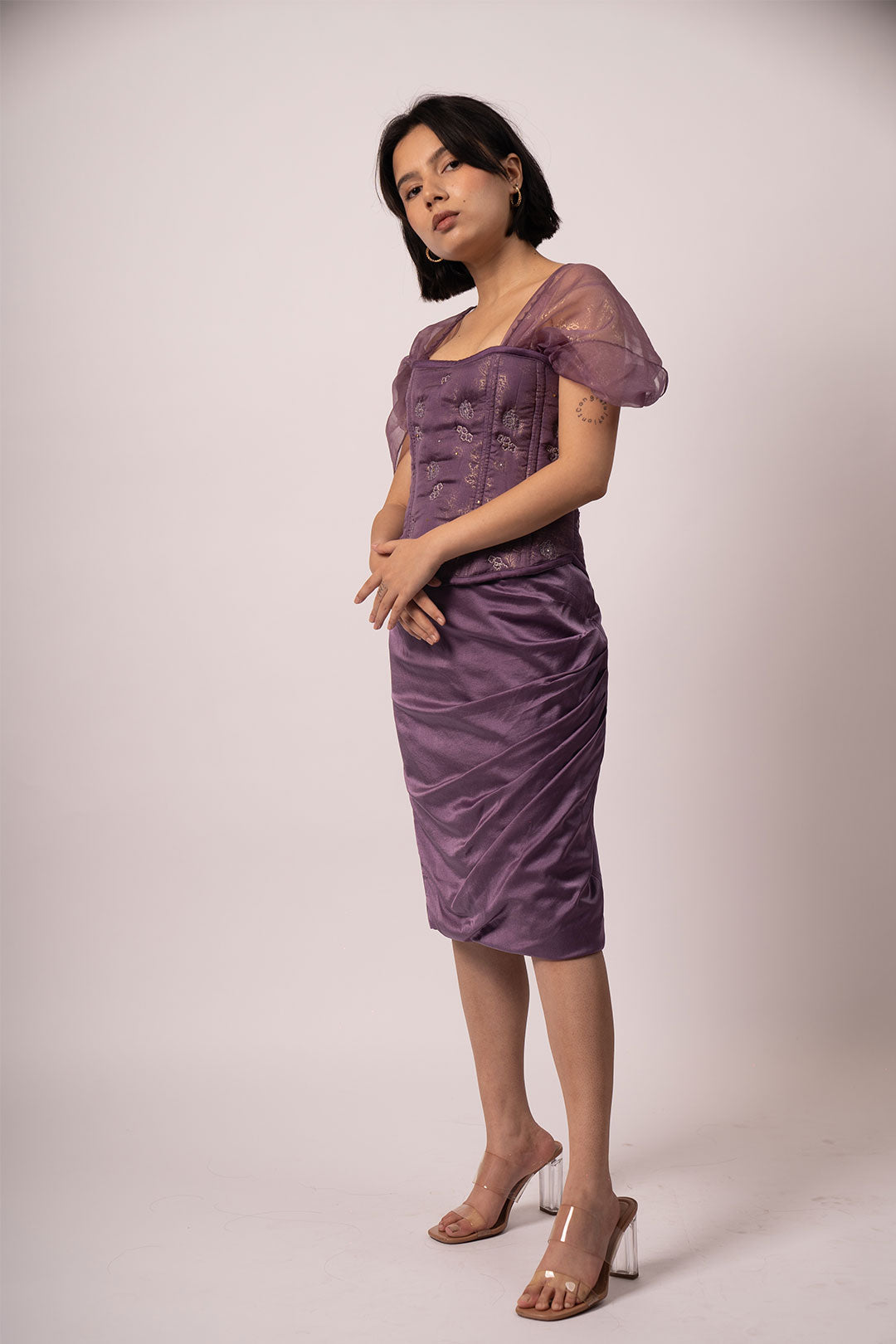 Bodice Bouquet - Satin Pencil Skirt Set with Organza Sleeves