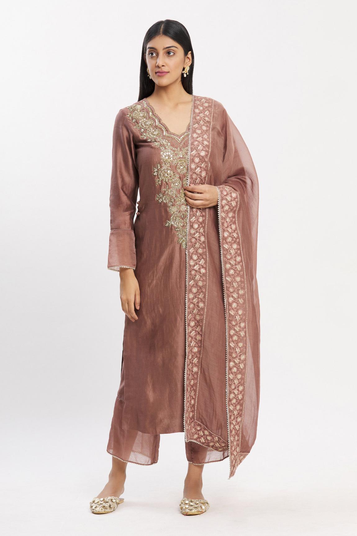 Brown Chanderi Silk Kurta Set