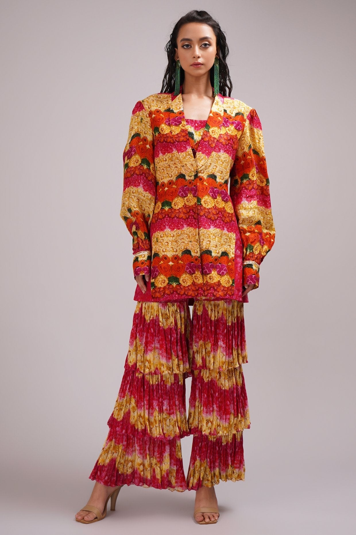Scoop Neck Bustier Blouse Light Sharara Set Paired With A Stylised Jacket.